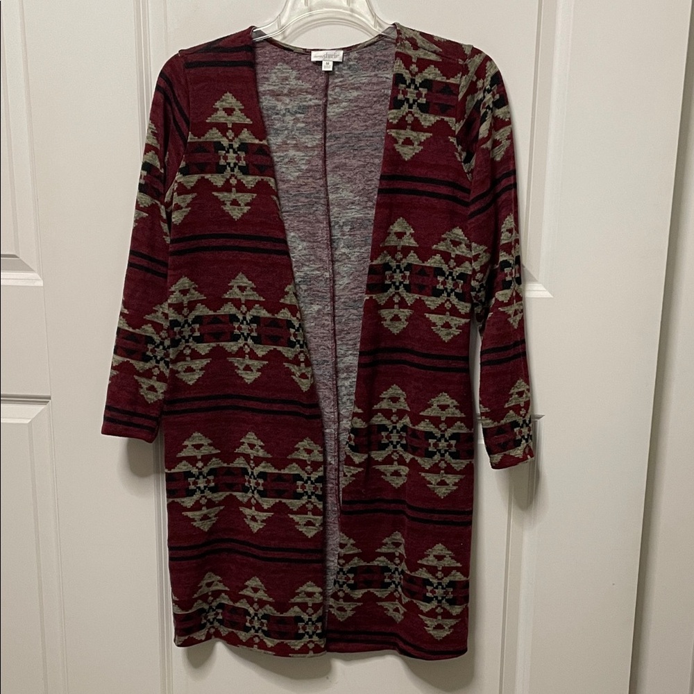 Charming Charlie Maroon Aztec Longline Cardigan Medium